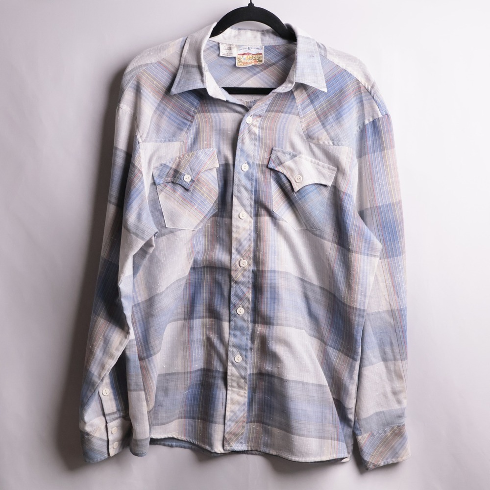 Vintage Rocking‎ K Ranchwear by Hennington Blue Plaid Western Pearl Snap Shirt L